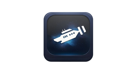 Sleek White Yacht Icon on Dark Blue Square Background.