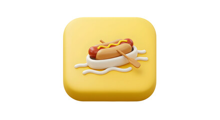 3D Hot Dog in a Bun with Ketchup and Mustard Floating in a White Boat on a Yellow Background.