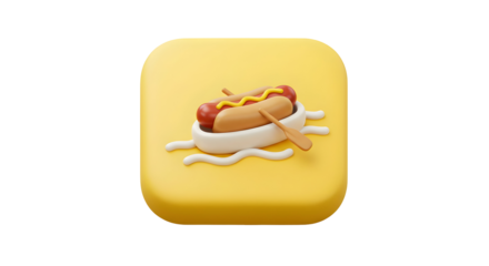 3D Hot Dog in a Bun with Ketchup and Mustard Floating in a White Boat on a Yellow Background.
