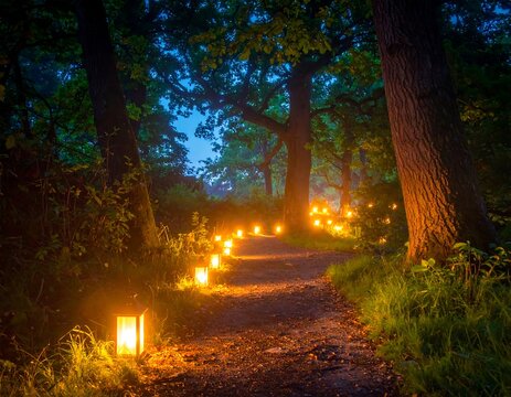 A winding path illuminated by lanterns through a misty forest at dusk. The tall trees create a canopy