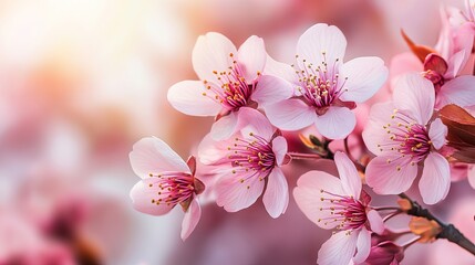 Obraz premium Close up view of blossoming pink cherry tree flowers in spring, delicate floral banner background