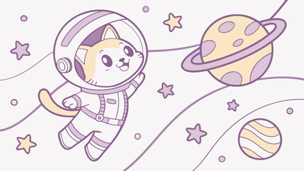 A cute cat astronaut floats in space surrounded by planets and stars, creating a whimsical and charming scene of feline exploration in the cosmos