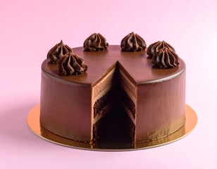 Chocolate cake with a slice removed revealing layers, frosting swirls on top, pink background