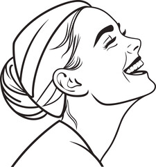 A simple minimalist line art illustration of a joyful smiling face with expressive eyes rendered in a clean modern style isolated on white background.