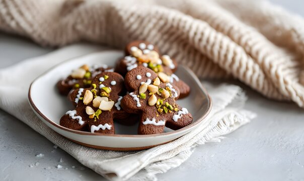 a ceramic plate with small gingerbread cakes in shape of gingerman. Decorated with chocolate, pistachios
