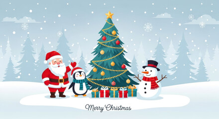 Charming christmas scene featuring santa claus penguin and snowman with decorated tree and gifts