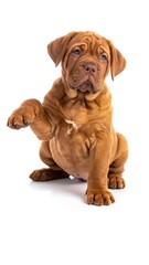 Obraz premium A cute, brown puppy, sitting on a white background, raises a paw, looking alert and curious