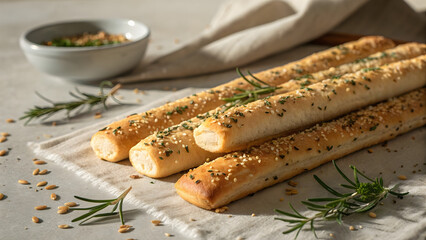 Close up photo of golden baked breadsticks with herbs and sesame