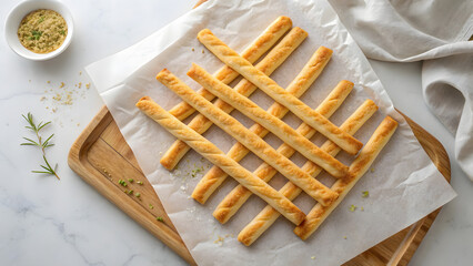 Fresh breadsticks arranged on parchment paper