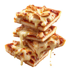 Stack of square pizza slices with chicken and melted cheese