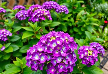 Obraz premium Vibrant hydrangea blossoms in lush backyard garden, summer flowers, hydrangea macro