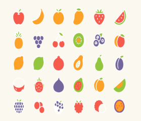 Flat lay illustration of an assortment of colorful cartoon style fruits on a white background