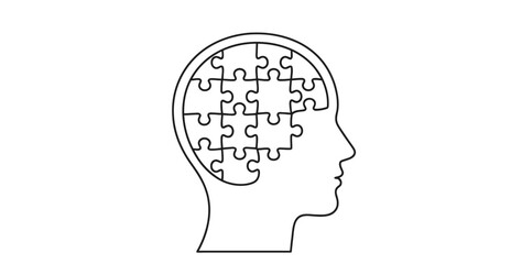 Human head outline with puzzle pieces forming the brain, representing complex thought, intelligence, memory, mental health, and problem-solving concepts.