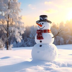 Obraz premium A classic snowman, complete with a top hat, carrot nose, and scarf, stands in a snowy landscape as the sun sets