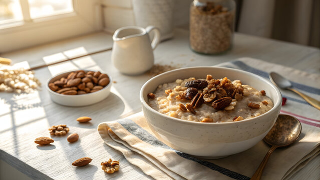 Oatmeal porridge with nuts in a white bowl on a table