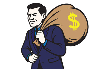 Vector design in bright tones depicting a suited man with a money bag, illustrating corruption, dishonesty, and greed in modern society.
