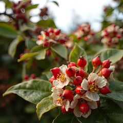 Beautiful macro photo of white hawthorn blossoms with red berries � detailed botanical nature photography