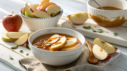 Apples dipped in caramel sauce arranged in white bowls