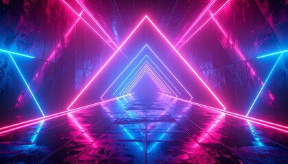 Illuminated tunnel with a geometric design and vibrant neon blue and pink triangular lights. A reflective surface enhances the depth