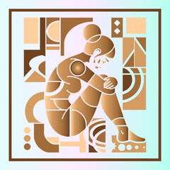 Abstract Geometric Woman in Thoughtful Pose - Modern Art Deco Style Illustration