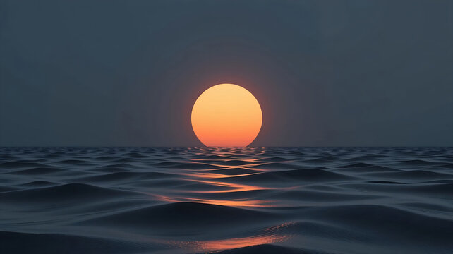 Vivid Orange Sun Setting Over Calm Dark Ocean Horizon with Subtle Water Reflection for Tranquil Travel Background or Minimalist Header Use - Powered by Adobe