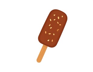 Chocolate ice cream bar covered in nuts, attached to a wooden stick
