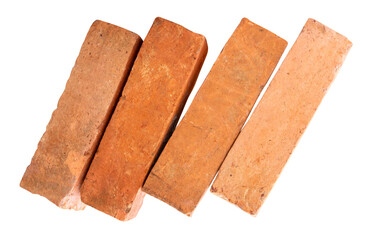 Side view of four cracked old red or orange bricks in stack isolated on white background with clipping path