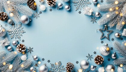 Blue Christmas flatlay background featuring silver ornaments and pine cones forming circular frame around white copyspace