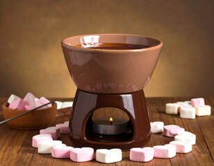 Chocolate fondue with marshmallows on wood, lit by candle against brown background