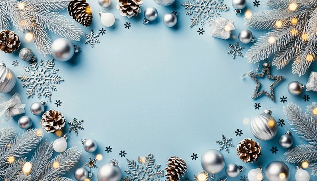 Blue Christmas flatlay background featuring silver ornaments and pine cones forming circular frame around white copyspace - Powered by Adobe