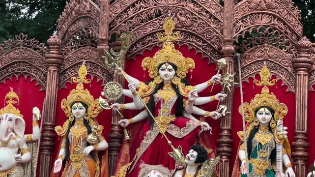 Red-themed Devi Durga idol in Kolkata