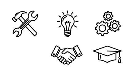 Set of vector line icons representing work, education, innovation and collaboration