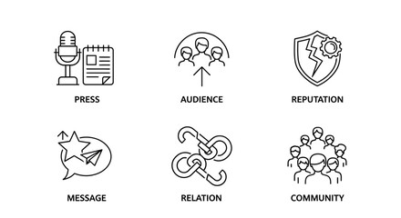 Conceptual representation of public relations and marketing strategies, using line art