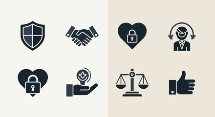 Diverse icon set representing security, trust, fairness, and customer satisfaction