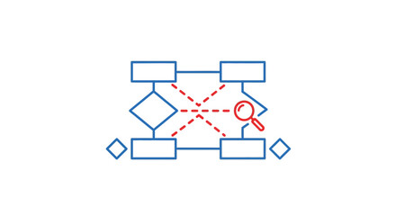 Database schema analysis with a magnifying glass inspecting connections and entities