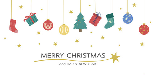 クリスマスバナーのイラスト　ツリーとオーナメントとプレゼントの背景　白背景・透過素材