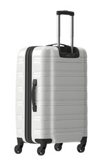 Modern white rolling suitcase isolated on a white background, ready for travel