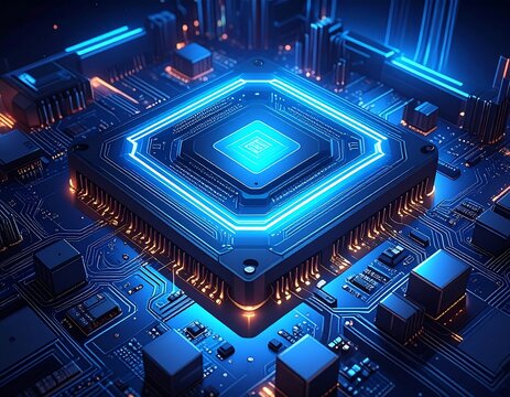 Close-up of a futuristic computer chip, featuring a glowing blue central processing unit with intricate circuitry details - Powered by Adobe