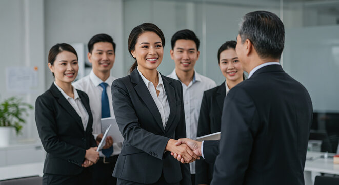 Smiling business people completing a deal in an office, shaking hands. Suitable for business, success, teamwork, agreement, and corporate concepts.
