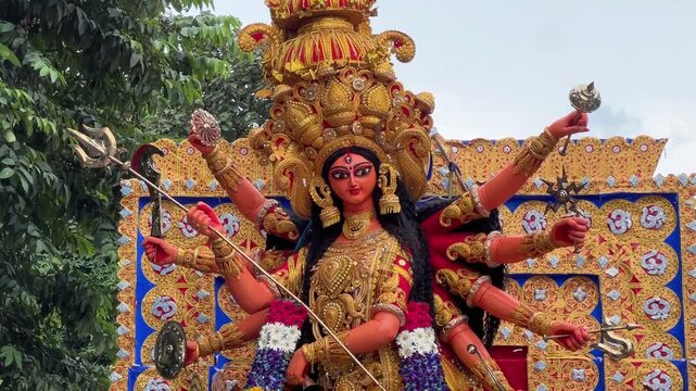 Traditional-themed Devi Durga idol on the way to Babu ghat in Kolkata, India