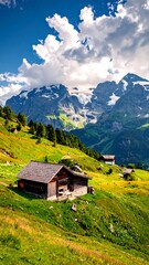 Fototapeta premium Scenic mountain landscape showcasing vibrant green meadows, wooden cabins, and snow-capped peaks under a blue sky dotted with puffy clouds