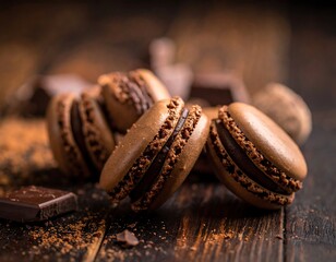 Chocolate macarons stacked on dark wood, topped with chocolate powder and chocolate chunks