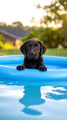 Chocolate Labrador puppy sits in a bright blue inflatable pool on a grassy, sunny lawn