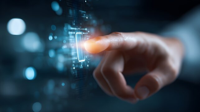 Human finger pressing a digital button on a circuit board, initiating an action with a glowing light.