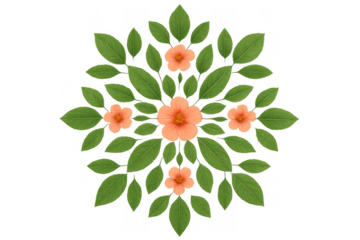 Floral mandala pattern forming from green leaves and orange flowers, transparent background design element for nature concepts