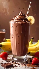 Chocolate milkshake, topped with cream and chocolate, surrounded by fruit