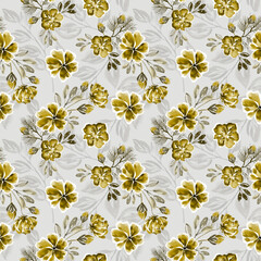 Seamless retro floral pattern. Mustard flowers on a light gray background.