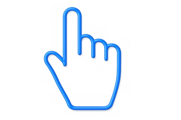 Blue neon 3d hand cursor icon selecting object or pressing button, digital technology interaction