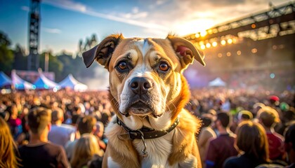 A close-up of a dog with brown eyes stares at the camera, a crowd and stage lights blurring in the background