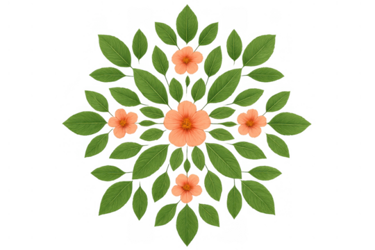 Floral mandala pattern forming from green leaves and orange flowers, transparent background design element for nature concepts